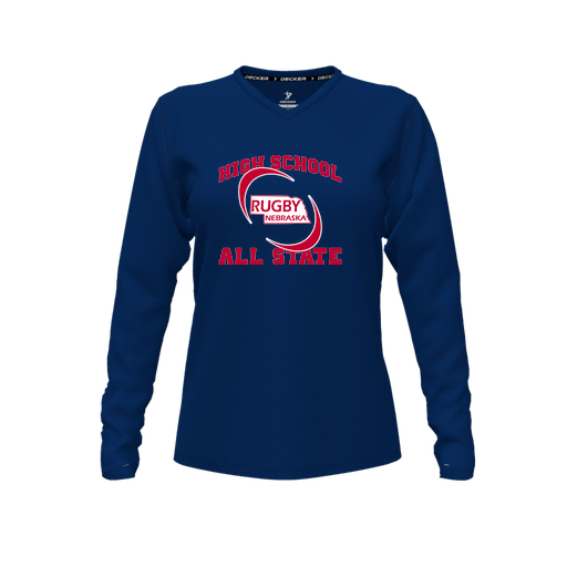 [FTLVCFNV-FYXS-LOGO1] Decker Comfort T-Shirt (Female Youth XS, Navy, V Neck, Logo 1, Long Sleeve)